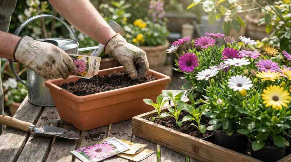 how to grow african daisy from seed showing planting seeds, seedlings, and blooming flowers in a garden.