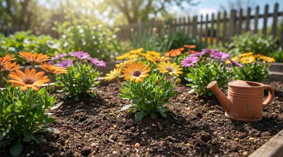 key growing factors showing how to grow african daisy from seed with sunlight, soil, watering, temperature and spacing.
