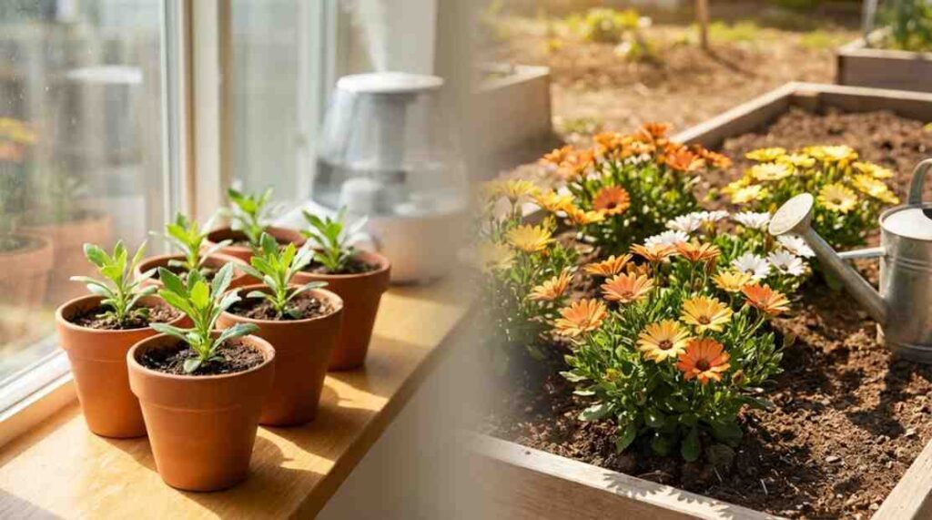indoor vs outdoor methods showing how to grow african daisy from seed in pots and garden under natural sunlight.