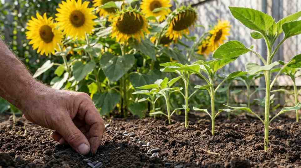 how to grow black oil sunflower seeds step by step in garden with planting seedlings and mature sunflowers.