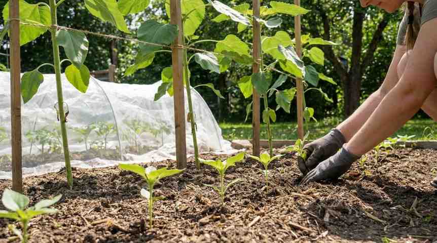 Sunflower plant care and maintenance with thinning seedlings staking plants and pest protection in garden.