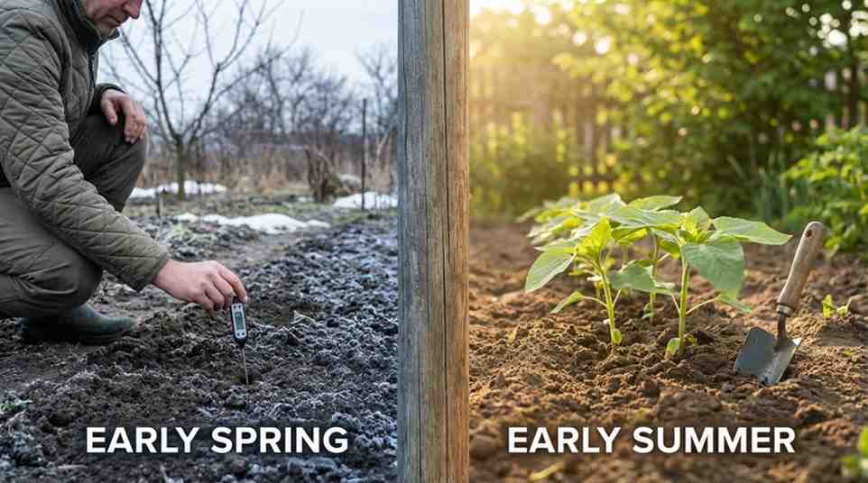 Best time to plant black oil sunflower seeds in spring with soil temperature and seedlings growth.