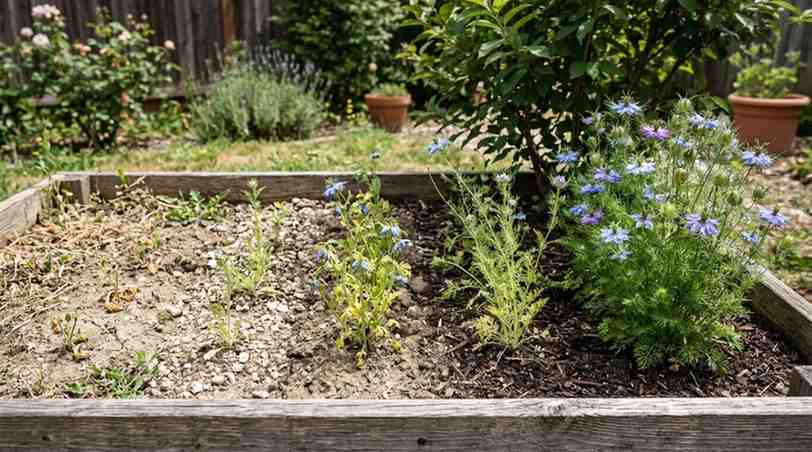 Common problems in how to grow nigella from seed showing poor germination weak growth and heat stress in plants.