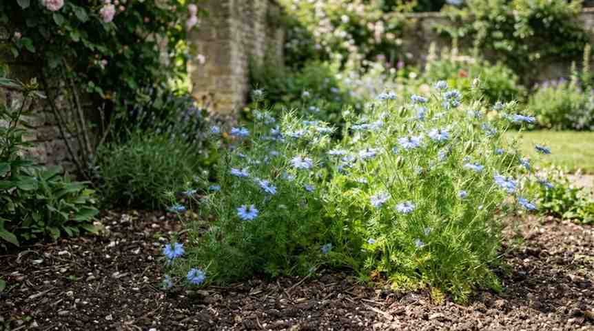 Ideal conditions for how to grow nigella from seed with sunlight well drained soil and healthy flowering plants.