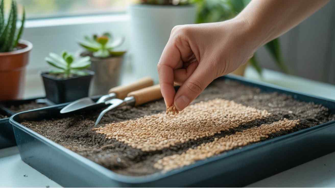 How to grow sedum from seed step by step in seed tray with soil and natural light for germination.