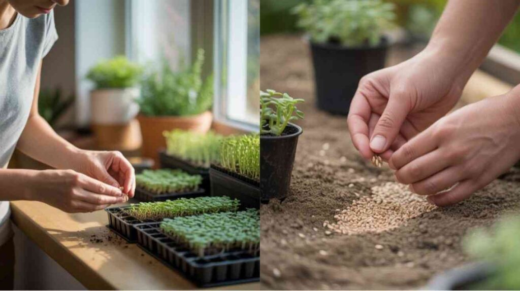Indoor vs Outdoor methods for growing sedum from seed in pots and garden soil.