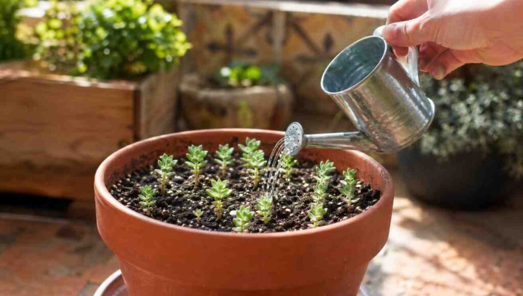 Sedum plant care after germination with sunlight watering and airflow.