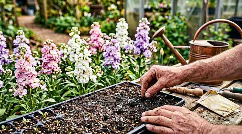 How to grow stock from seed showing planting process and blooming stock flowers in a garden setting.