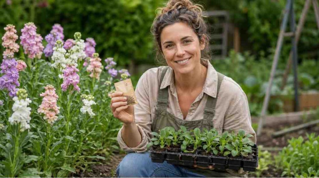 Growing stock flowers from seed at home showing seedlings and blooming plants in a garden setting.