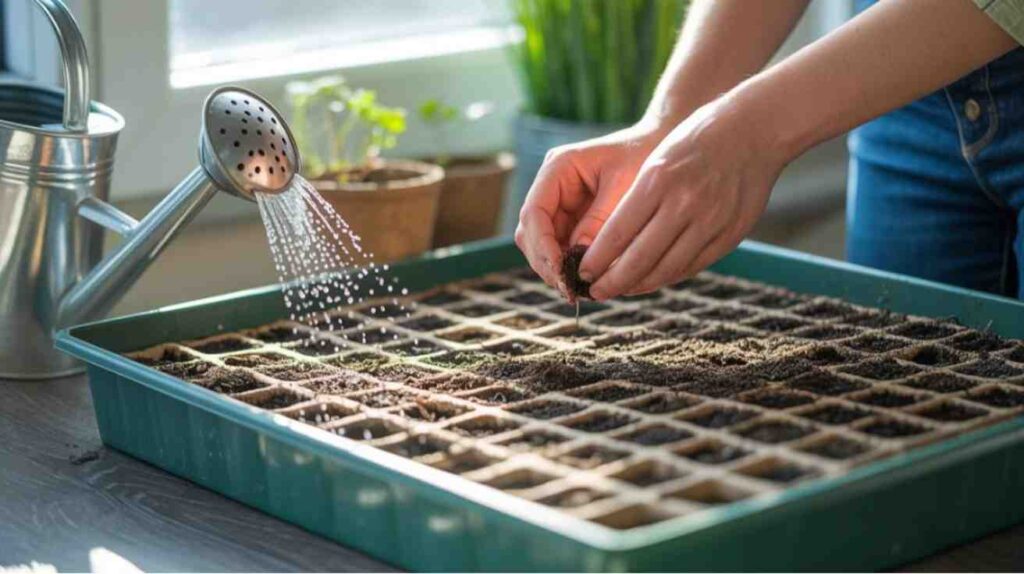 Seed sowing process for how to grow stock from seed showing soil preparation planting depth and watering setup.