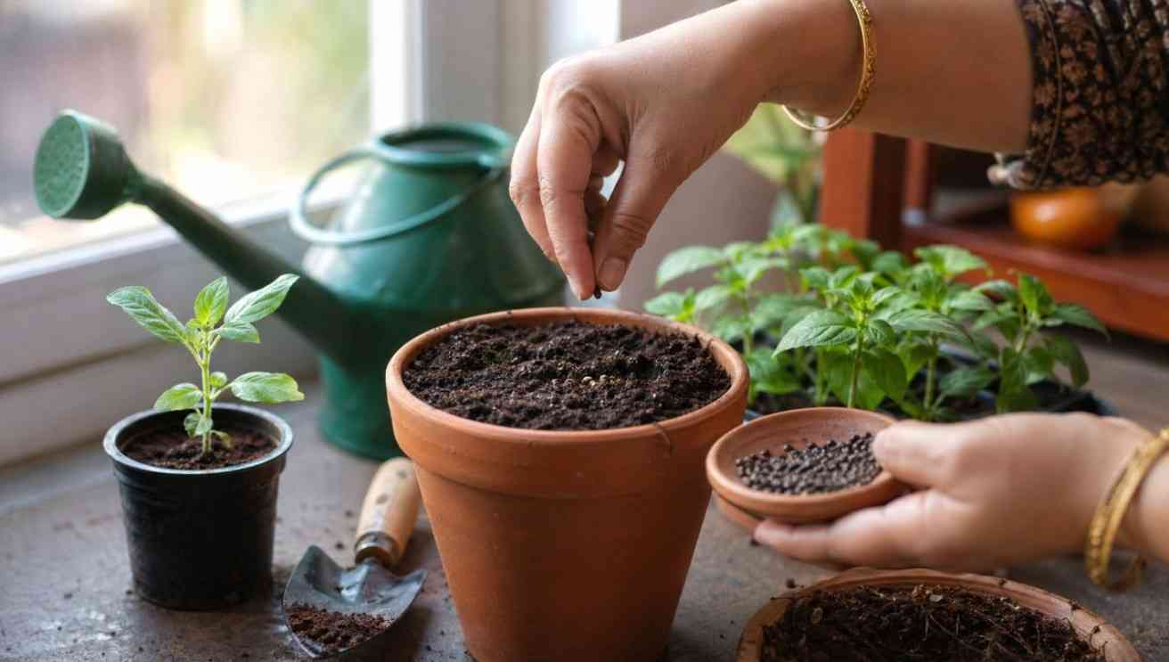How to grow tulsi seeds step by step in soil with natural sunlight and gardening tools.