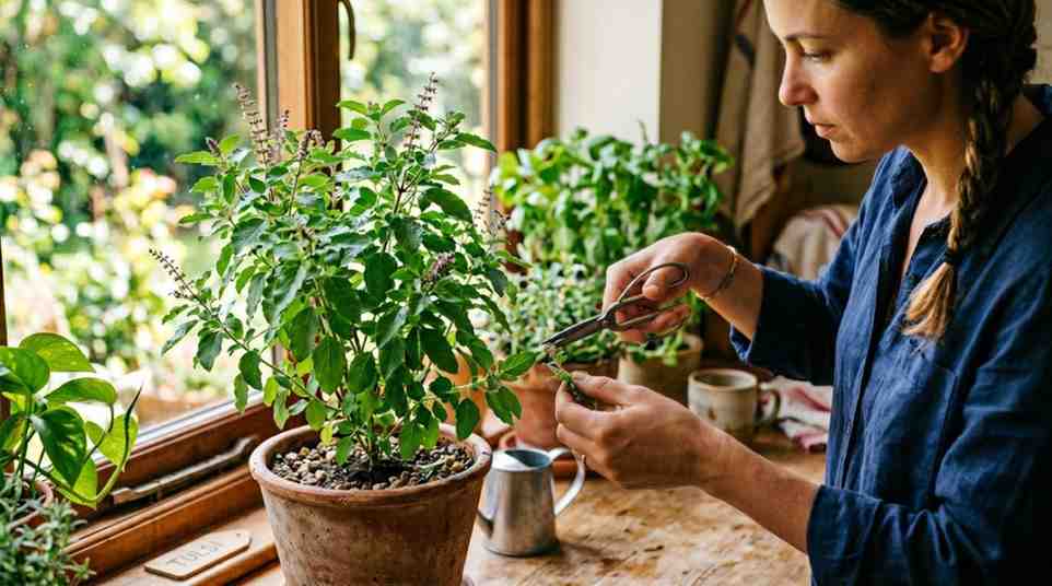 Tips to improve tulsi growth with sunlight watering and pruning in home garden.