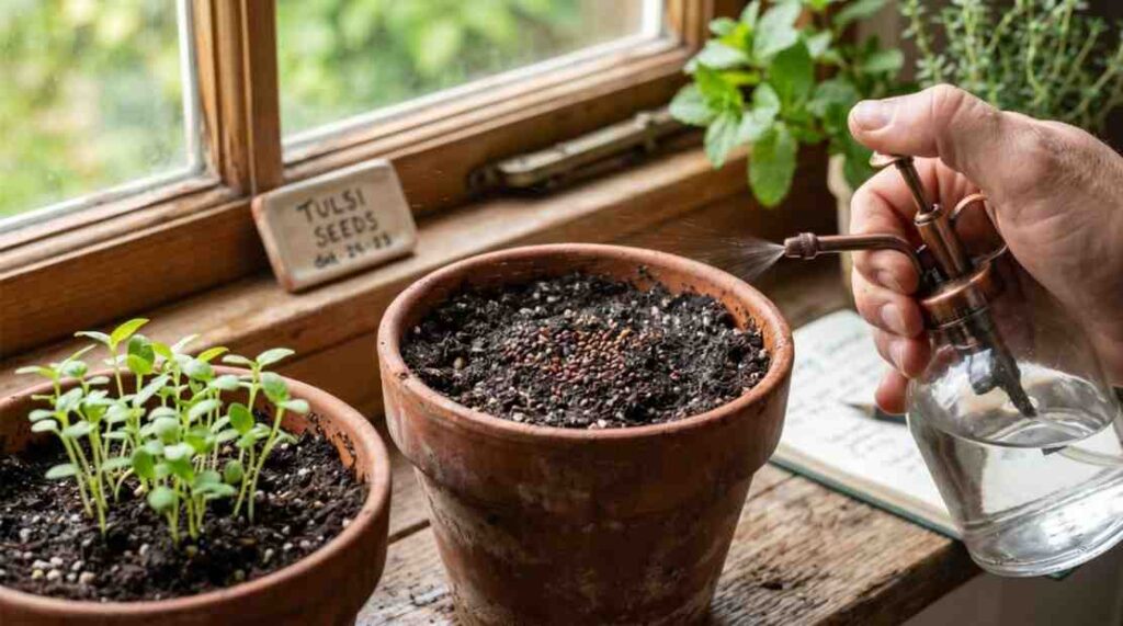 Step by step process of how to grow tulsi seeds in pots with soil watering and sunlight.