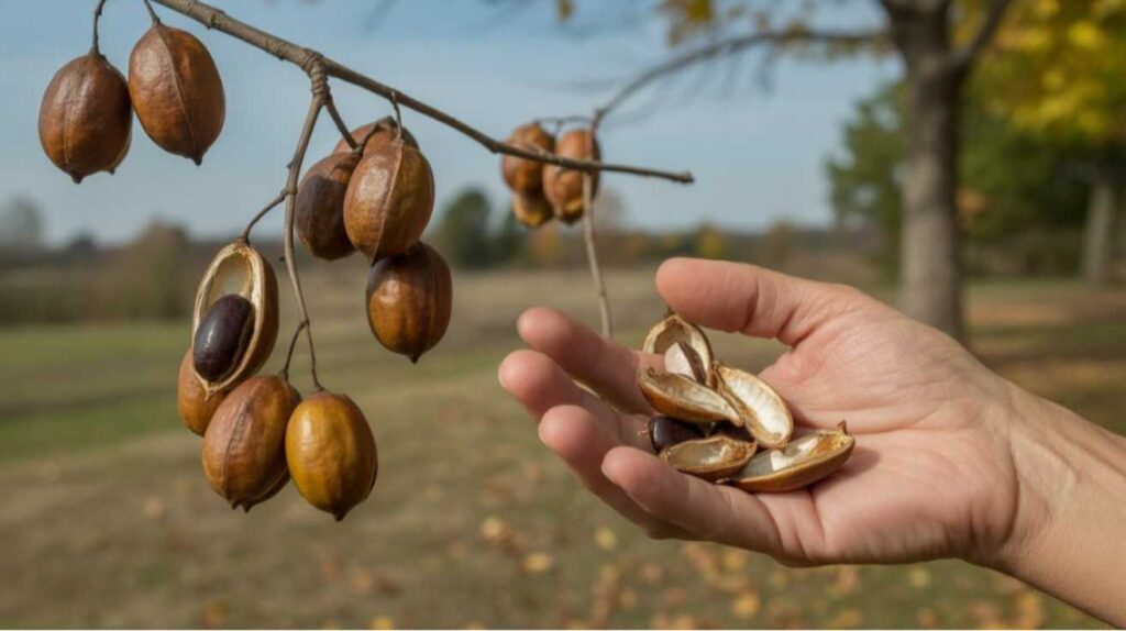 Seed collection process for how to grow a Kentucky coffee tree from seed showing mature pods and seeds in hand.