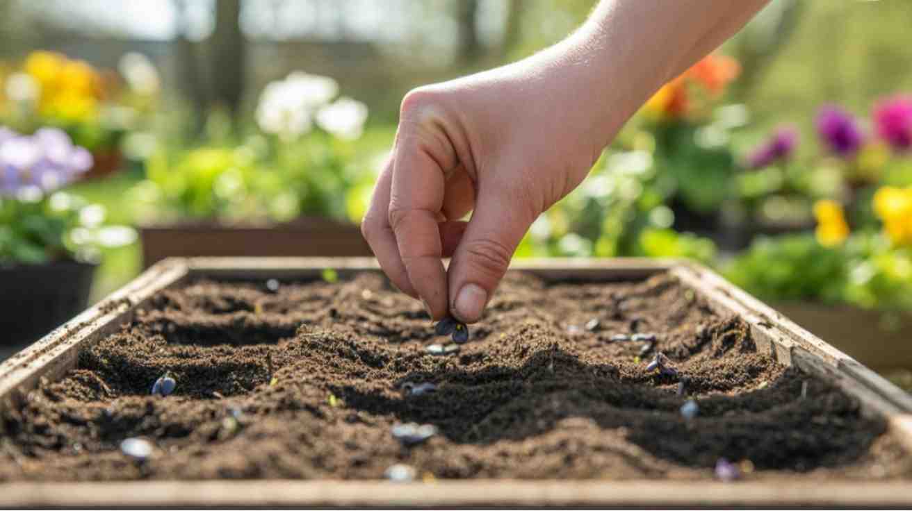 How to plant viola seeds in seed tray with moist soil step by step.