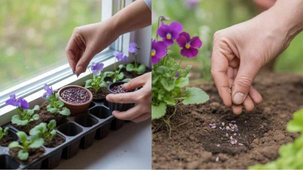 Indoor vs outdoor viola seed sowing methods in pots and garden soil.