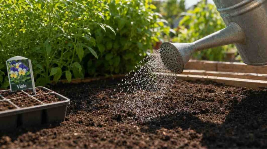 Ideal conditions for planting viola seeds with proper soil light and moisture.