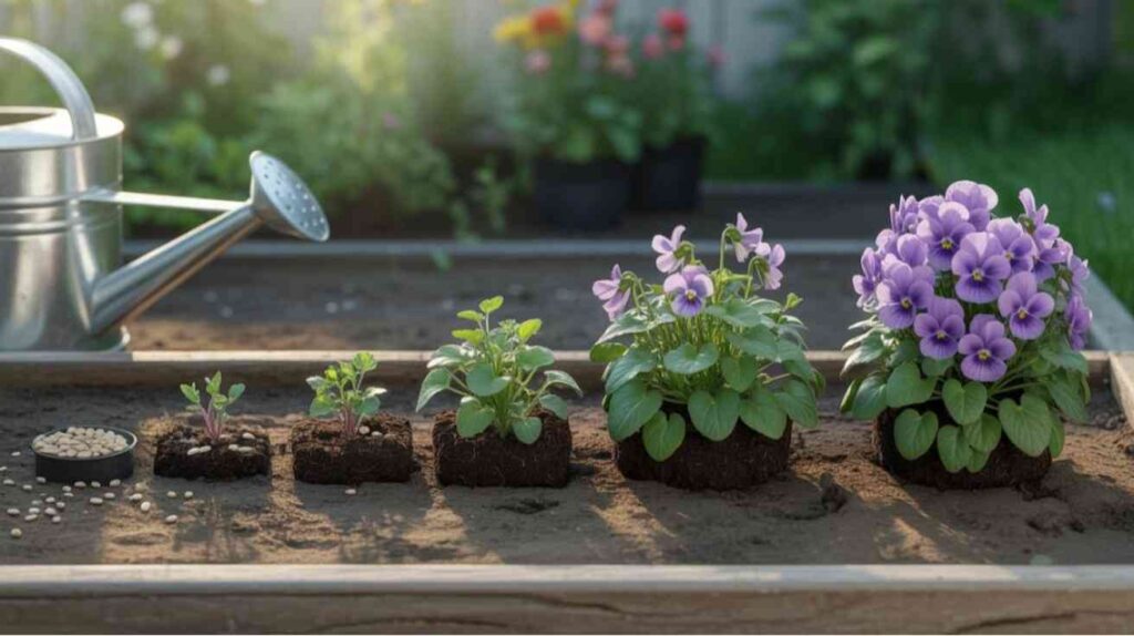 Viola plant growth stages from seed sowing to full bloom in garden.