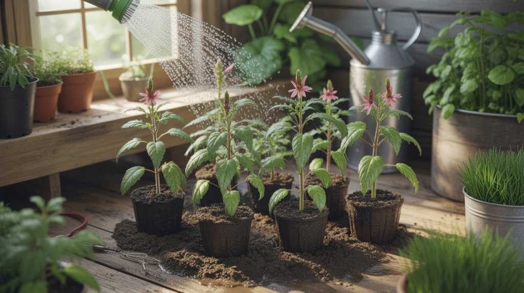 Healthy cardinal flower seedlings growing in moist soil with partial sunlight and proper airflow after germination.