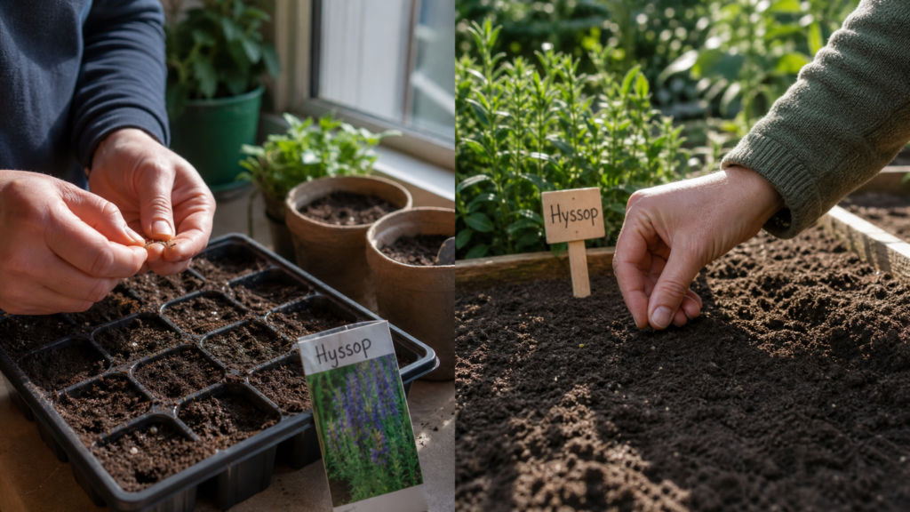 Indoor vs outdoor methods for growing hyssop from seed in pots and garden soil.