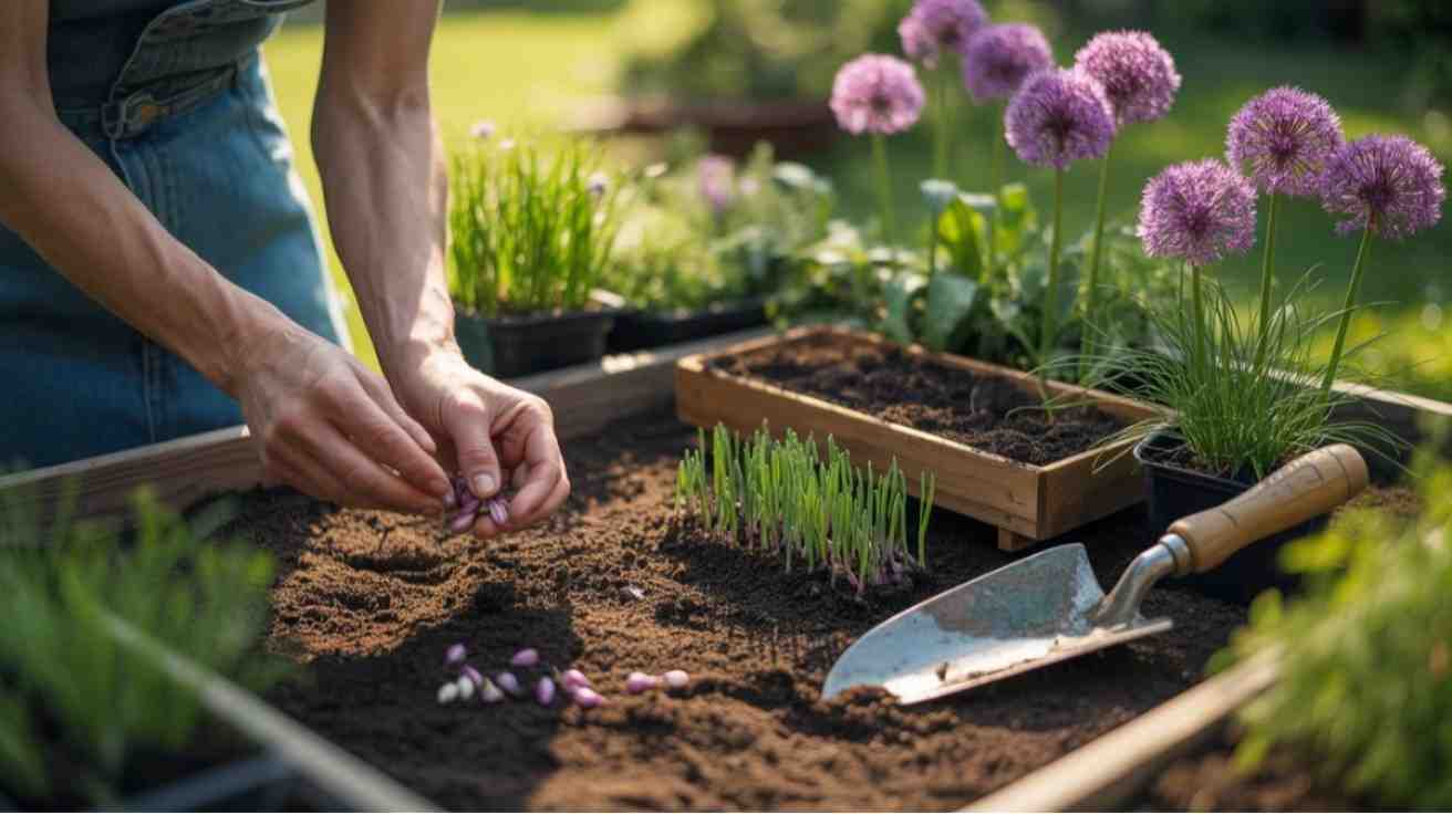 How to grow allium from seed with healthy seedlings and purple ornamental allium flowers growing in rich garden soil.