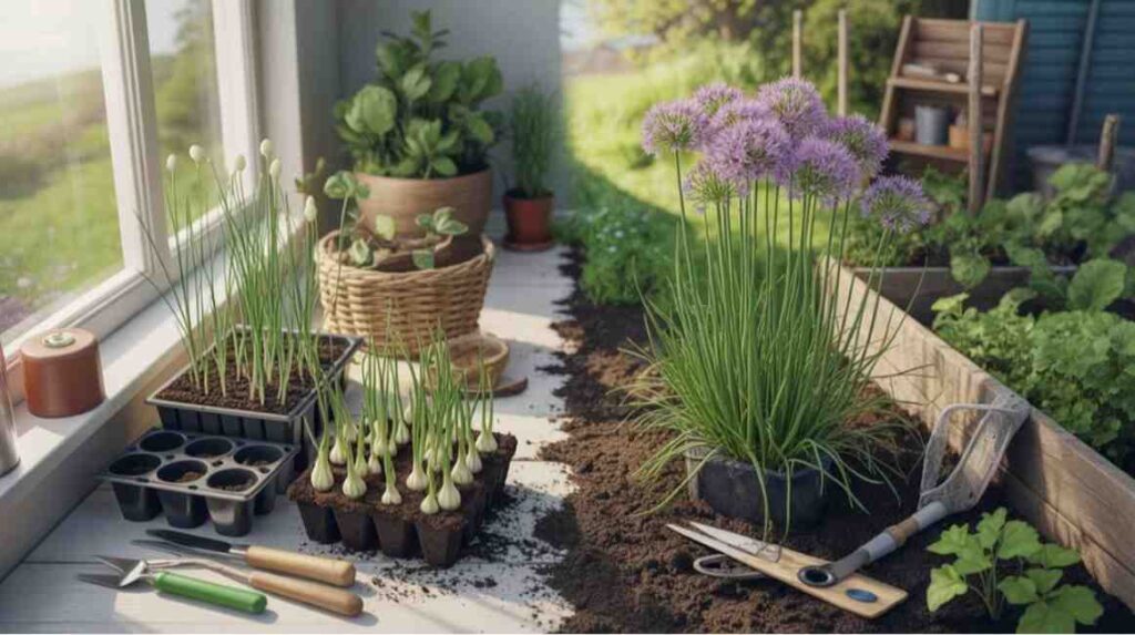 Indoor and outdoor methods for how to grow allium from seed with healthy seedlings and ornamental allium flowers growing naturally.