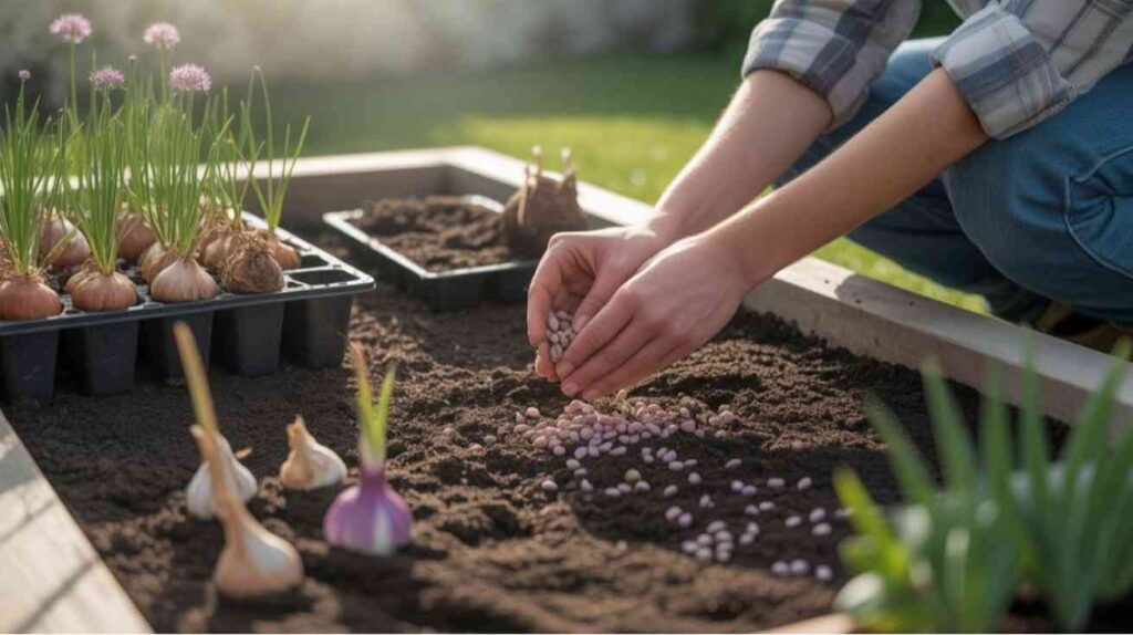 How to grow allium from seed during cool weather with moist soil, natural sunlight, and healthy germination conditions.