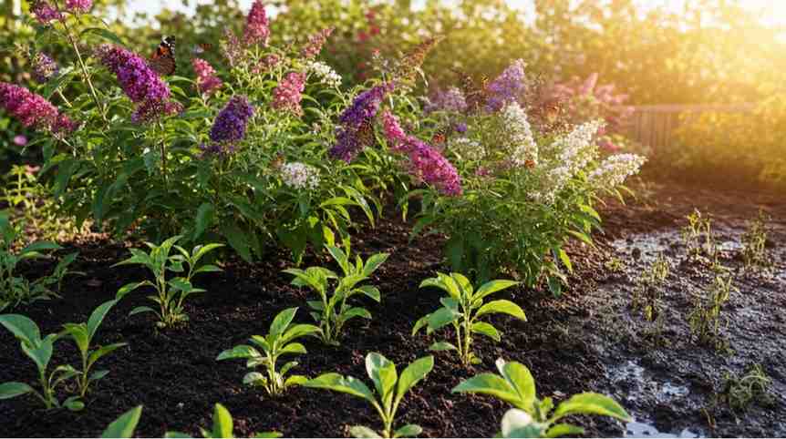 Best conditions for how to grow butterfly bush from seed with full sunlight, loose fertile soil, moderate moisture, and healthy flowering plants.