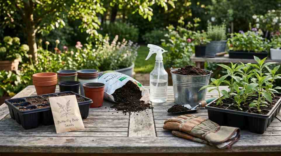 Materials needed for how to grow butterfly bush from seed including seeds, seed trays, pots, seed-starting mix, spray bottle, and organic compost in a garden setting.