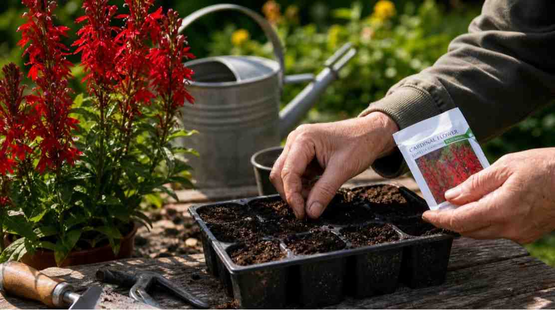 how to grow cardinal flower from seed in moist soil with sunlight and healthy red blooms.