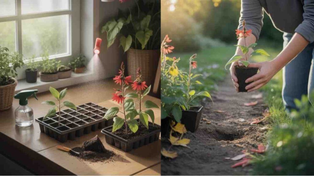 Indoor and outdoor methods for growing cardinal flower from seed with seed trays, moist soil, and natural garden planting setup.