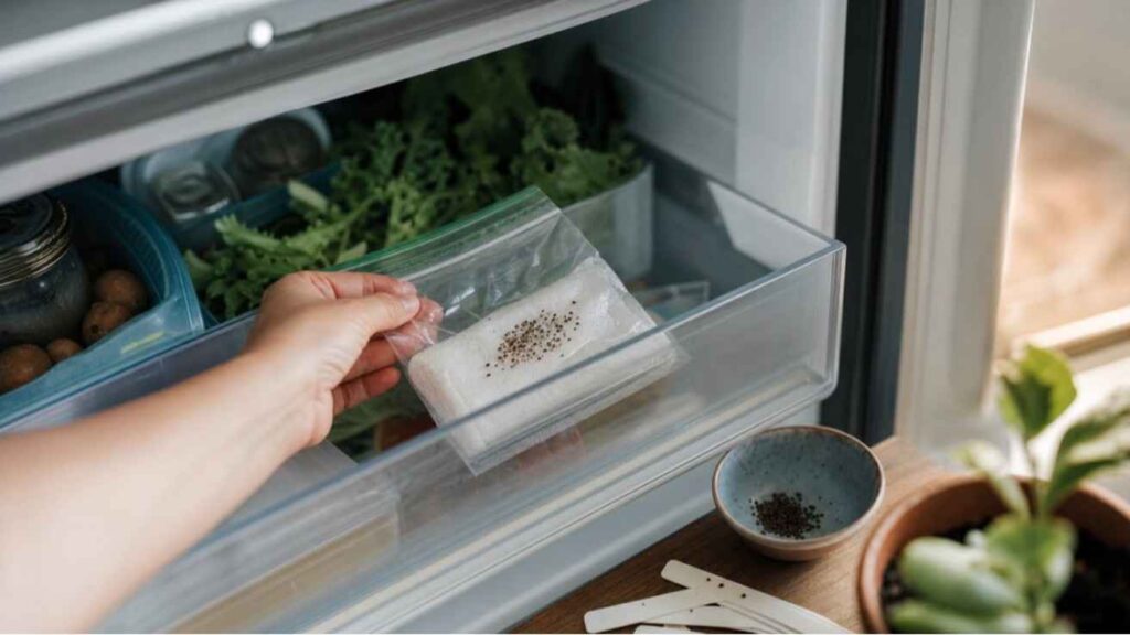 Cardinal flower seeds in moist medium stored in refrigerator for cold stratification before germination.