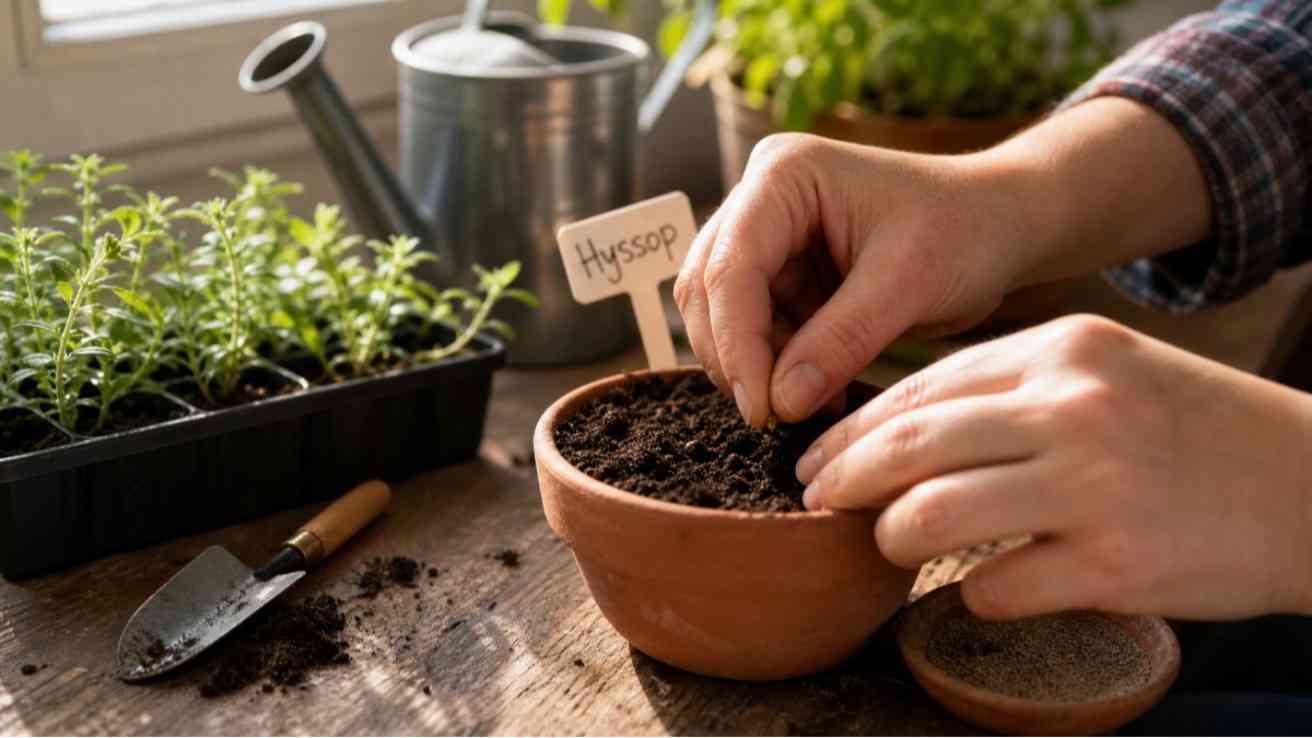 How to grow hyssop from seed in pots with soil sunlight and watering.