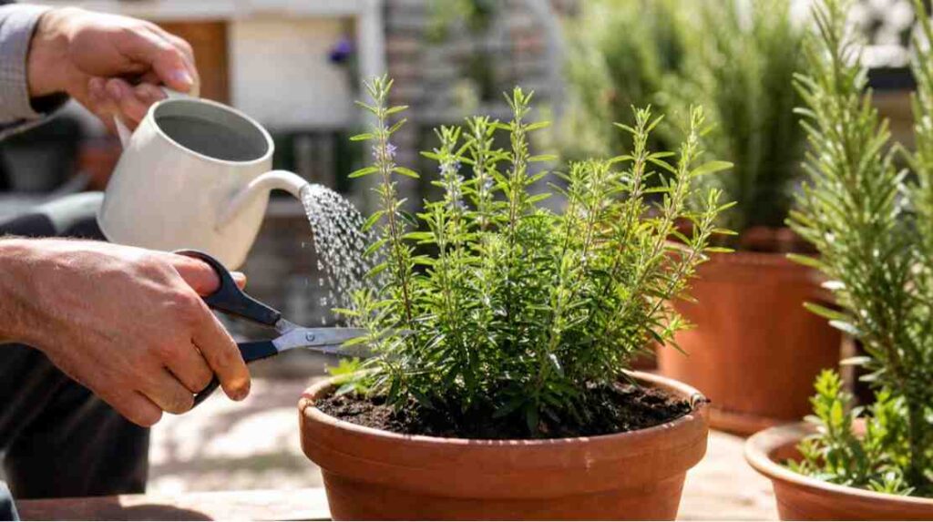 Hyssop plant care after germination with sunlight watering and pruning in pots.