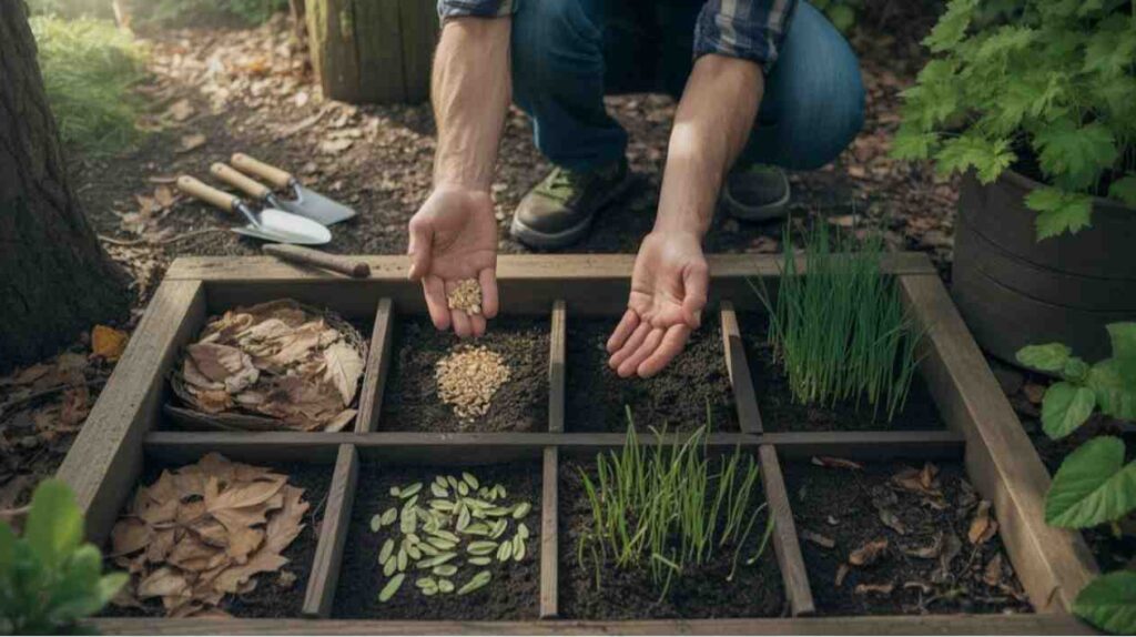 Step-by-step process of how to grow ramps from seed in shaded woodland soil with mulch and young seedlings growing naturally.