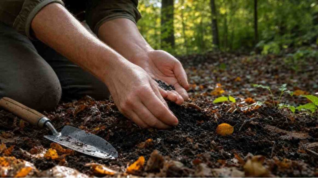 Ramp seeds being planted in moist woodland soil during early fall for natural germination and healthy growth.