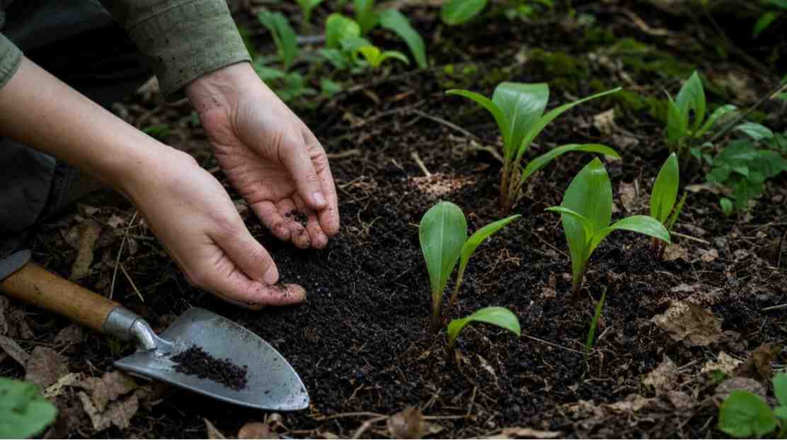 How to grow ramps from seed in moist woodland soil with shaded garden conditions and young wild leek seedlings growing naturally.