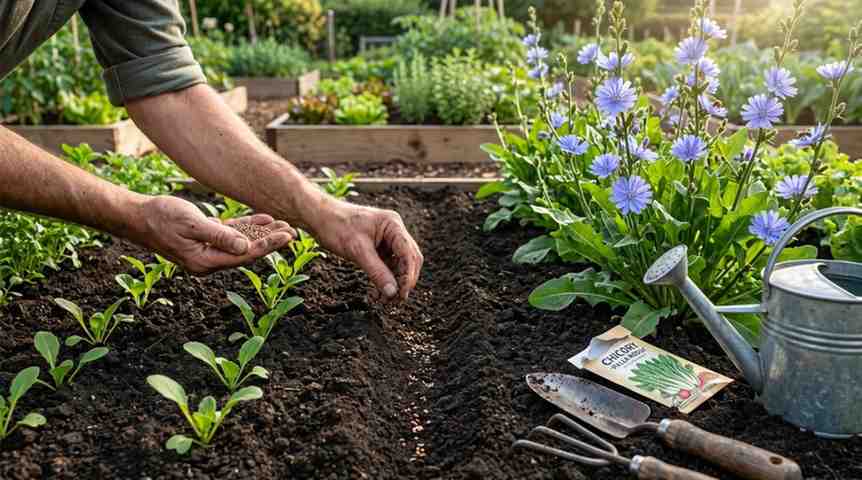 Healthy chicory plants and seedlings showing how to grow chicory from seed in a realistic garden with rich soil and natural sunlight.
