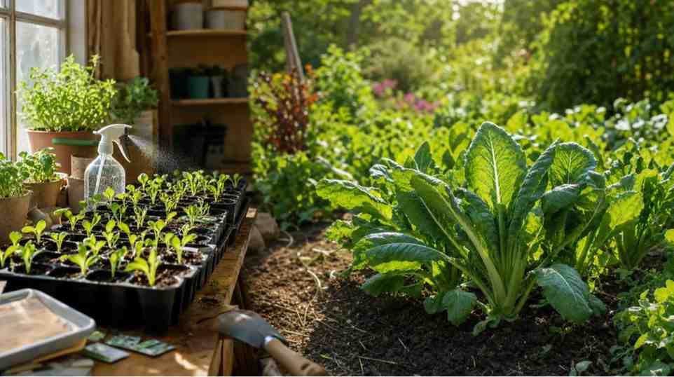 Indoor and outdoor growing methods for how to grow chicory from seed, showing healthy chicory seedlings in pots indoors and vigorous plants growing naturally in an outdoor garden.