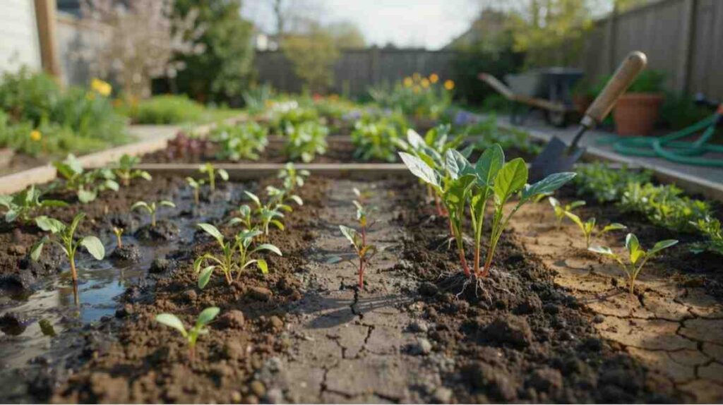 Common mistakes in how to grow chicory from seed, showing overwatered seedlings, poor drainage, crowded plants, heavy soil, and healthy chicory plants growing in a realistic garden setting.