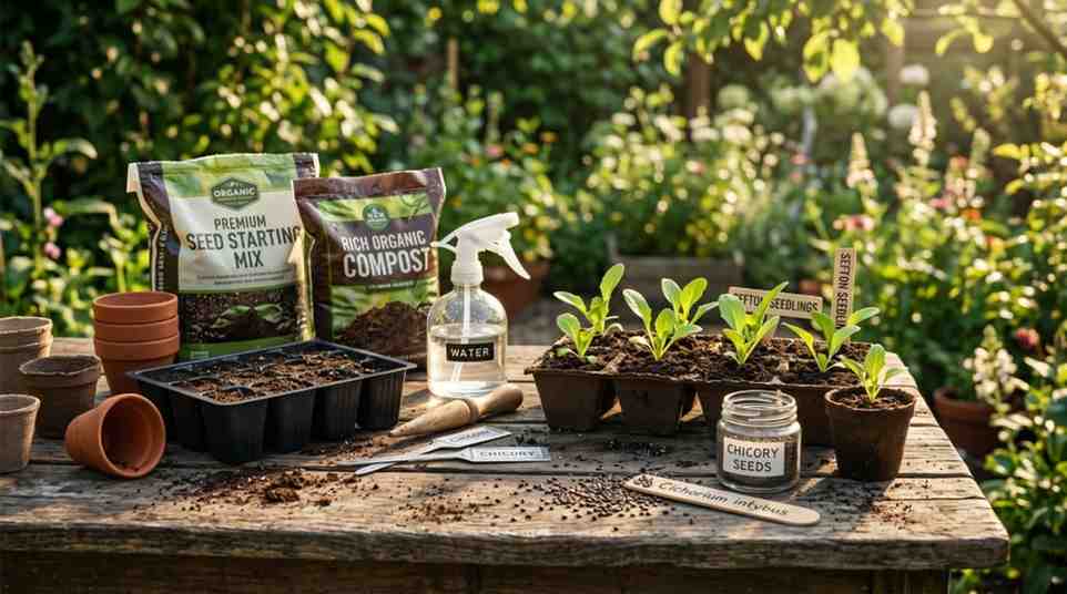 Materials needed for how to grow chicory from seed, including chicory seeds, plant pots, seed trays, seed-starting mix, spray bottle, organic compost, and healthy seedlings in a realistic garden setting.