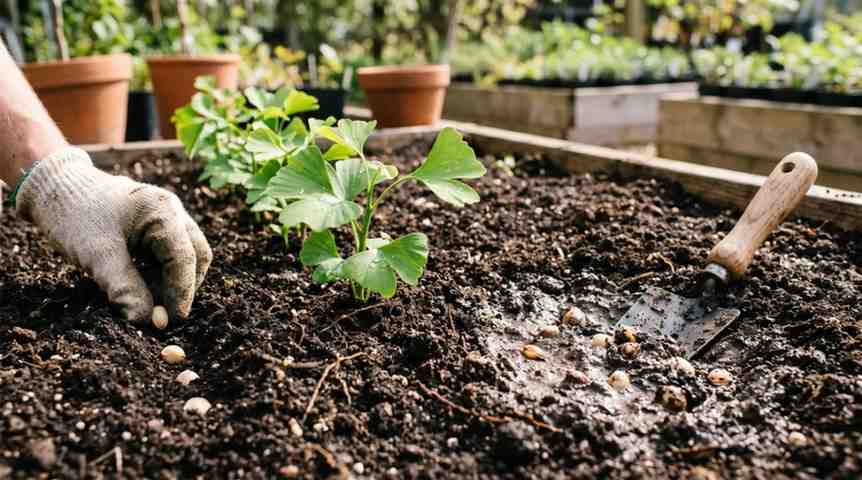 How to grow ginkgo from seed with healthy germinating ginkgo seedlings and seeds planted in rich soil showing proper planting techniques.