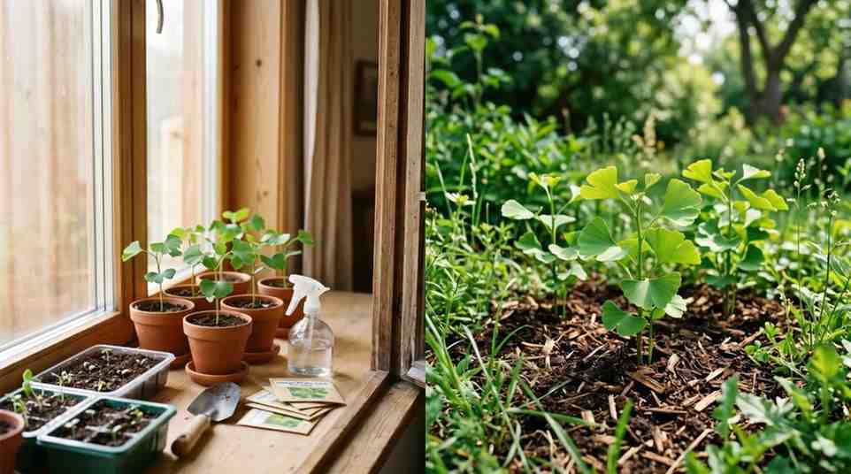 Indoor and outdoor growing methods for how to grow ginkgo from seed, showing healthy ginkgo seedlings in pots indoors and naturally growing seedlings outdoors in a realistic garden setting.