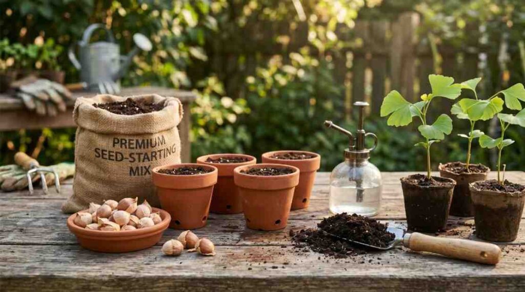 Materials needed for how to grow ginkgo from seed, including ginkgo seeds, plant pots, seed-starting mix, spray bottle, organic compost, and healthy young seedlings in a realistic garden setting.
