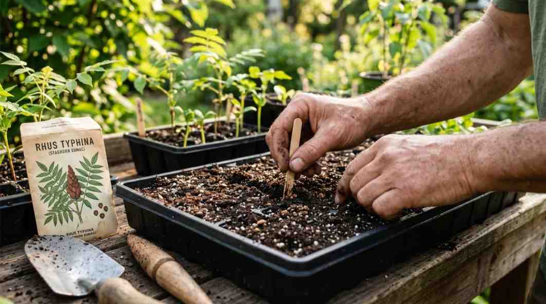 How to grow sumac from seed by planting prepared sumac seeds in a seed-starting tray with healthy seedlings growing in rich soil under natural sunlight.