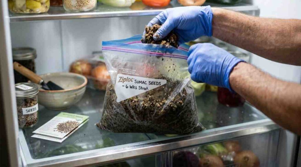 Cold stratification of sumac seeds in moist peat moss stored inside a refrigerator to improve sumac seed germination and support successful seed growth.