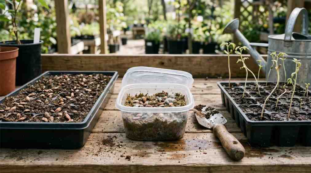Common problems when growing sumac from seed, including poor germination, mold during stratification, and weak seedlings caused by excess moisture, low light, and poor drainage.