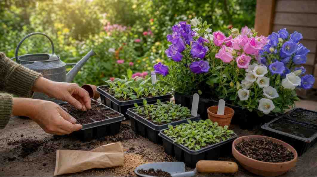 How to grow canterbury bells from seeds with healthy seedlings, blooming bell-shaped flowers, seed trays, and gardening tools in a realistic cottage garden.