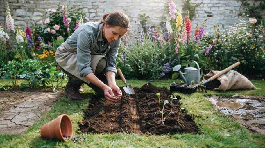 How to grow canterbury bells from seeds by planting seeds in cool weather with healthy soil, showing proper sowing conditions and early seedling growth in a realistic garden.
