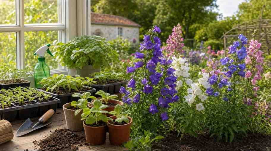 Indoor and outdoor growing methods for how to grow canterbury bells from seeds, showing healthy seedlings indoors and blooming Canterbury Bells growing naturally in a sunny cottage garden.